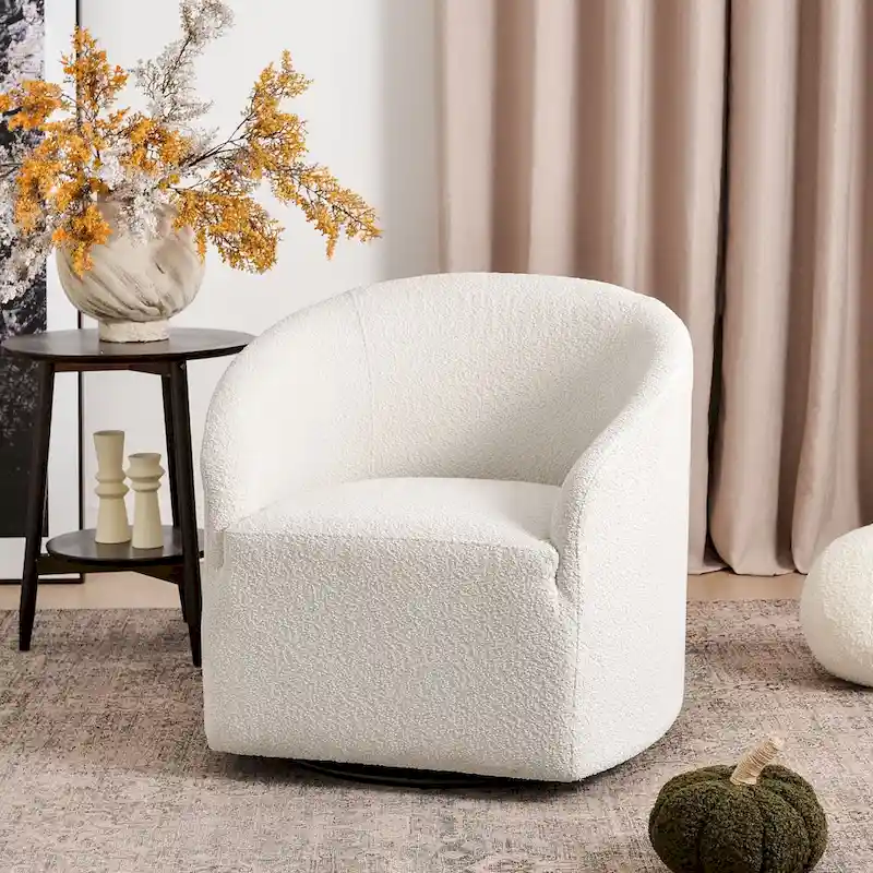KINWELL 32 W Boucle Upholstered Swivel Barrel Accent Armchair