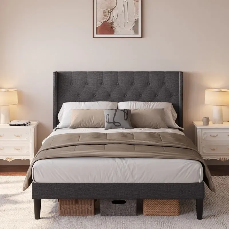 Dark Grey / Beige Velvet Wingback Platform Bed Frame with Button-Tufted Curved Headboard & Steel Frame, Full / Queen, 2-Person