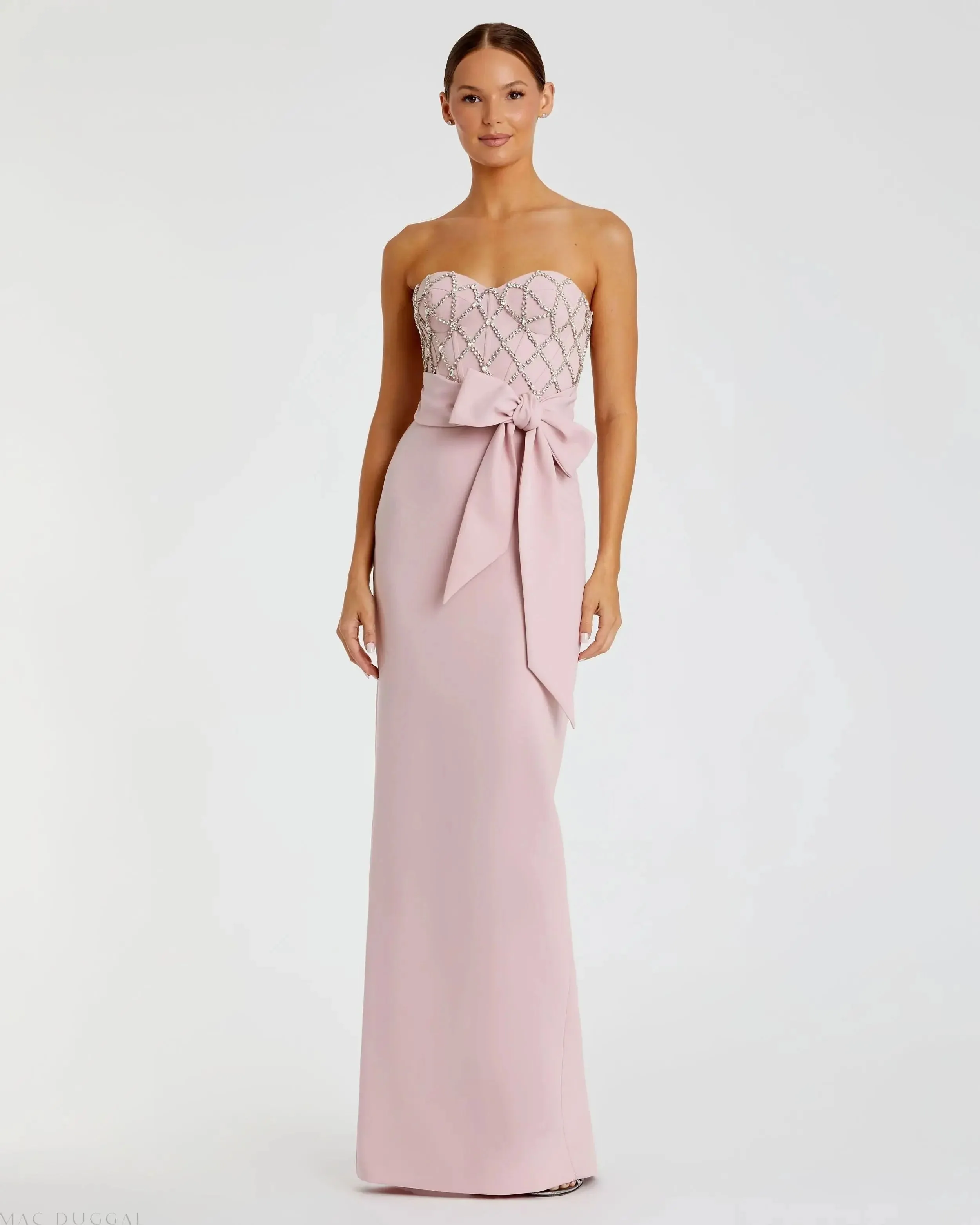 Embellished Strapless Bustier With Bow Crepe Gown