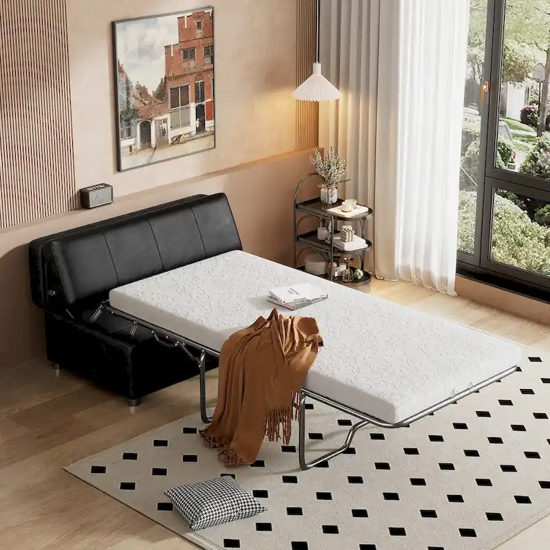 Roomfitters Twin Size Folding Ottoman Sleeper Bed with Mattress, Compact Convertible Guest Bed for Living Room