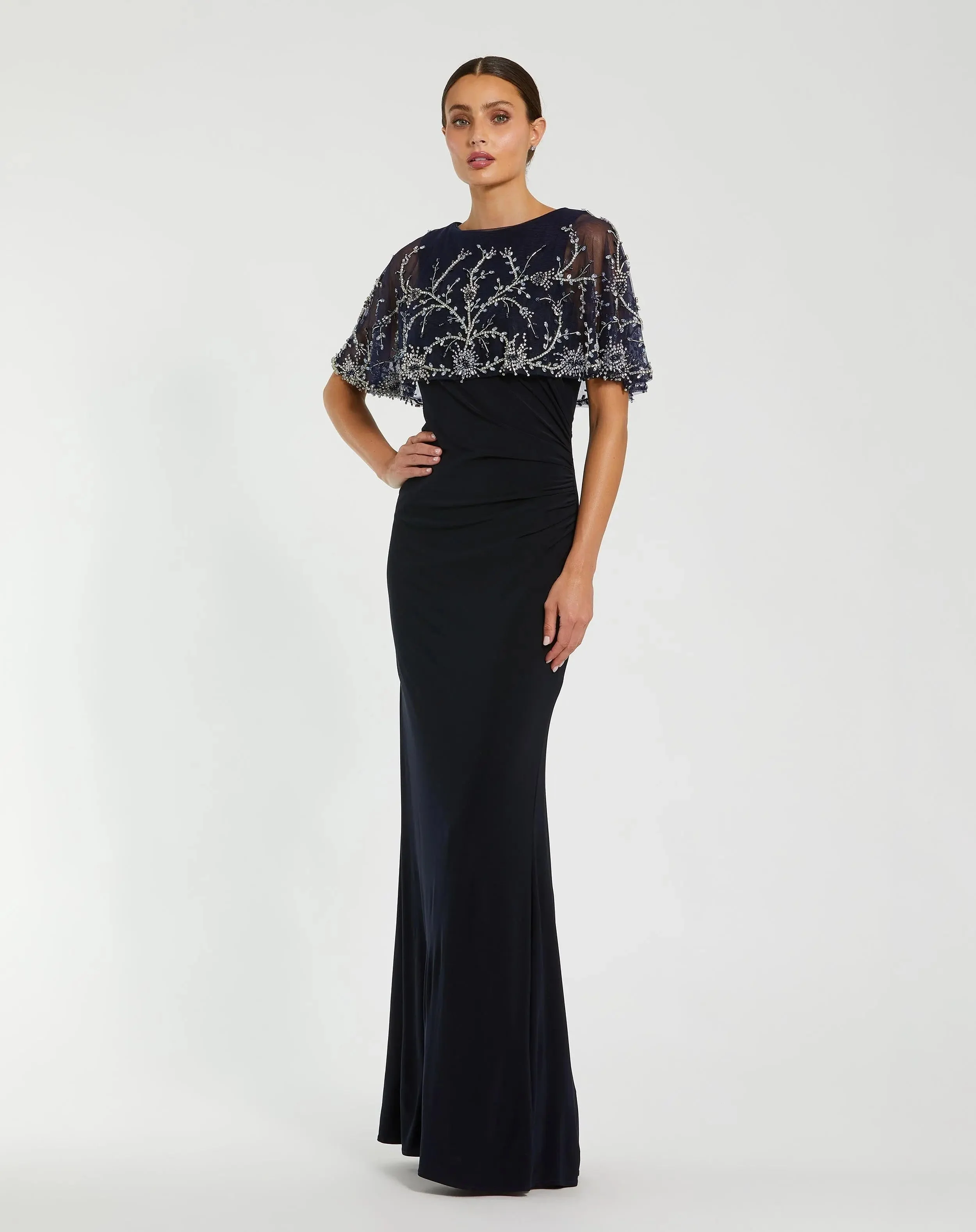 Navy Fitted Jersey Gown with Embellished Cape