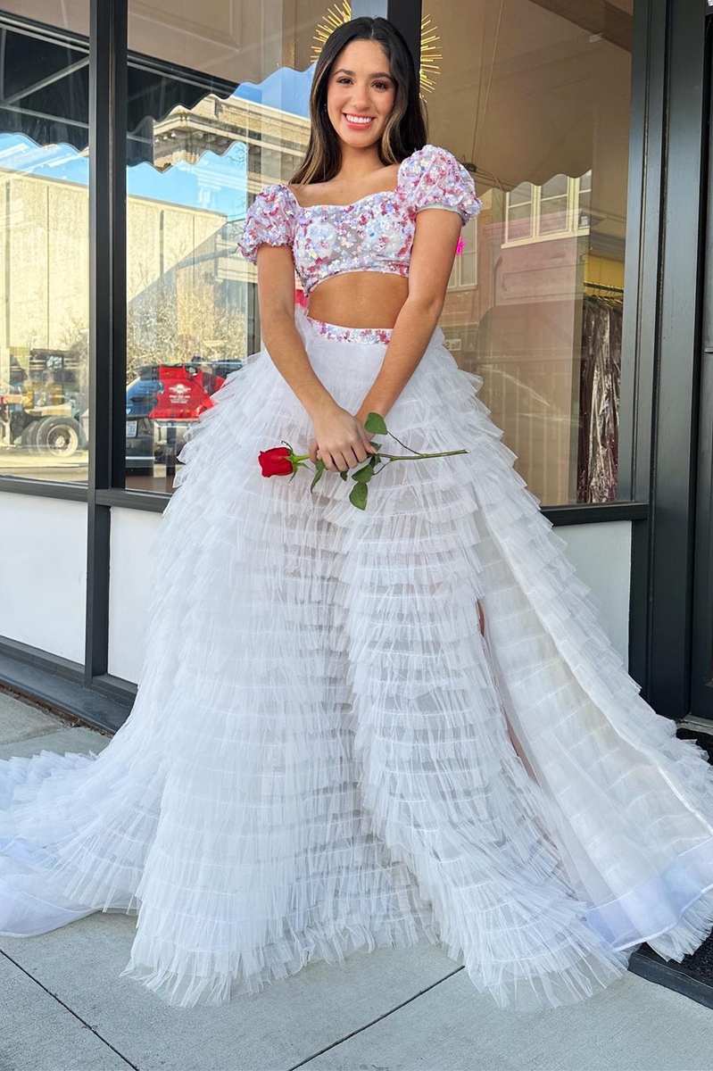 A line Square Neck Tulle Prom Dress with Ruffles