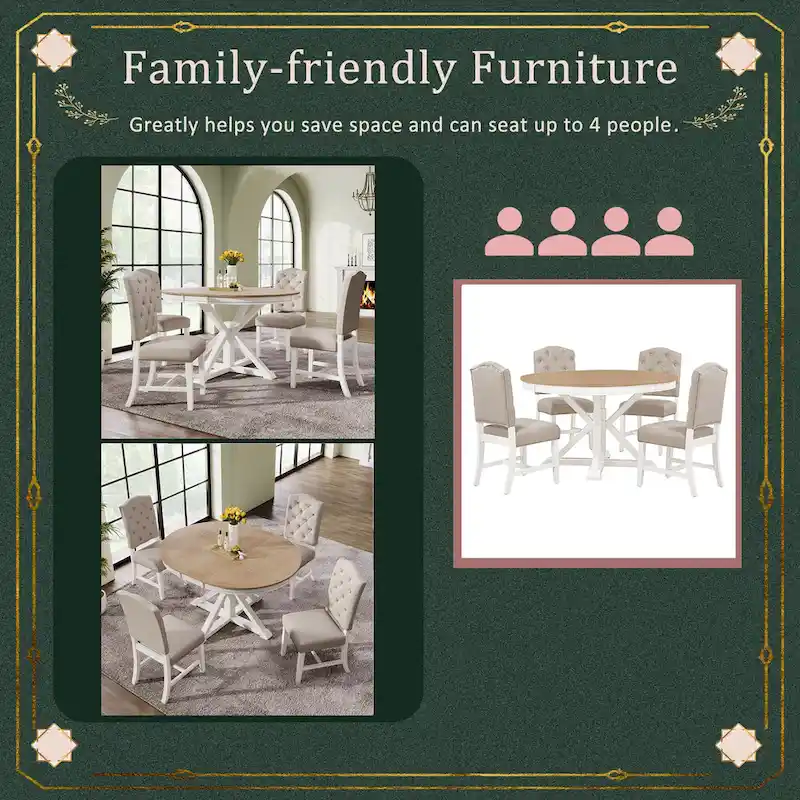 Dining Table Set with Extendable Table and 4 Upholstered Chairs