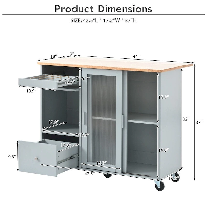 LED Light Kitchen Cart with Drop Leaf and Adjustable Shelf