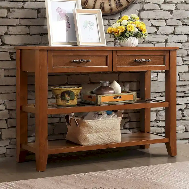 42-Inch Console Sideboard, Mid-Century Style, 2 Drawers, 2-Tier Open Shelves, Solid Wood & MDF, Antique Gray / Navy Blue / Brown, 1-Person Use