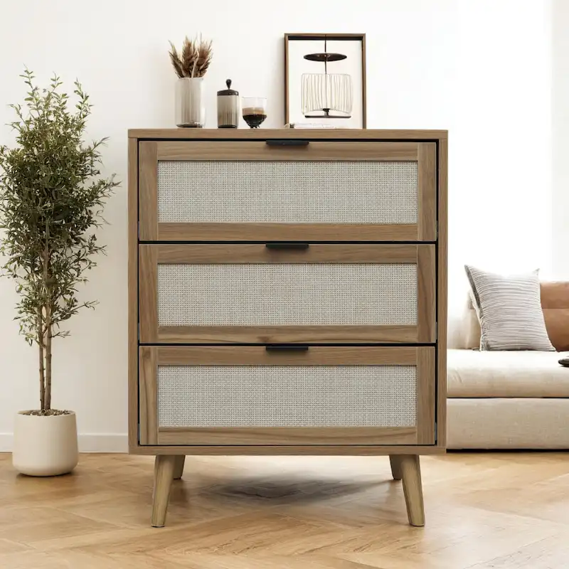 3 Drawer Cabinet, Suitable for bedroom, natural rattan and spandex silk,living room, study