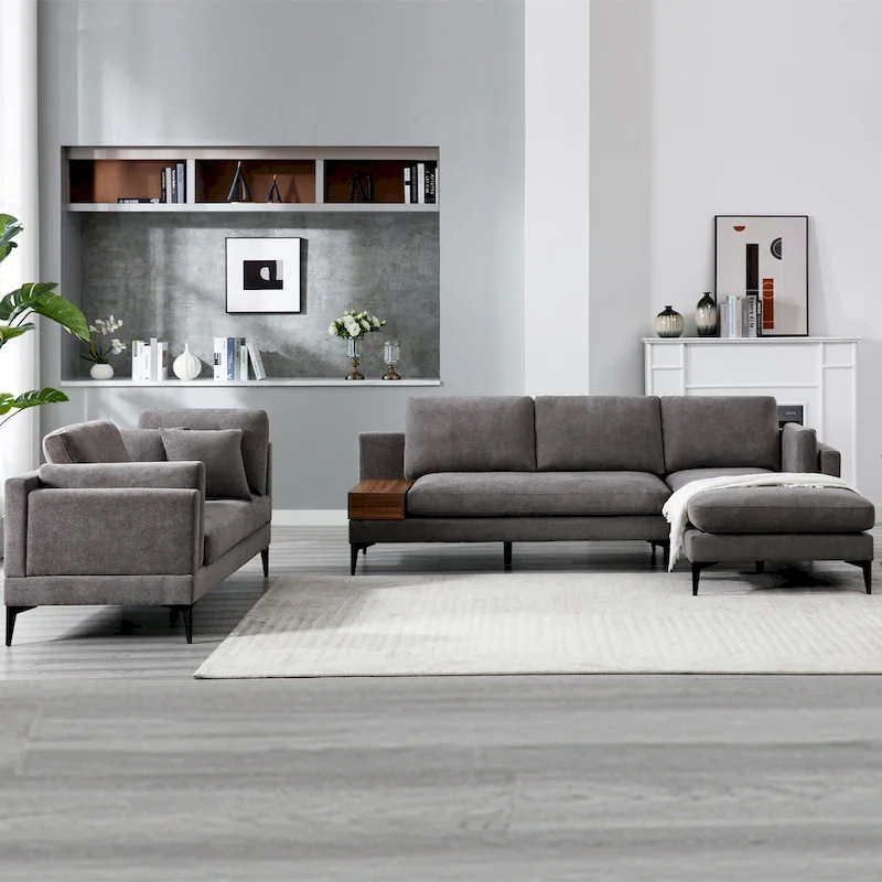Modular U-shaped Linen Reversible Sofa with a Wooden Side Table Box and Reversible Design