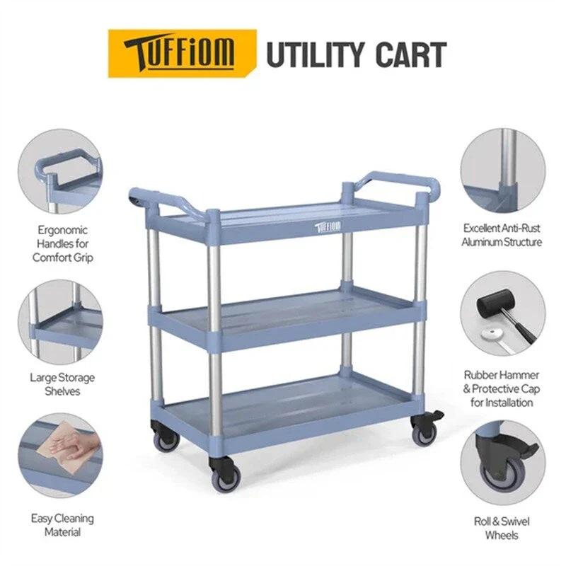3 Tier Medium 390lbs Capacity Plastic Utility Cart with Wheels Grey