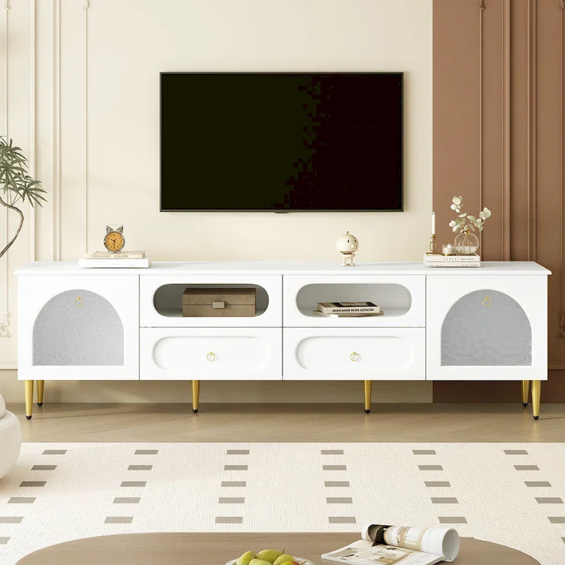 TV Stand Entertainment Center with Glass Cabinet Doors, 4 Drawers, 2 Cabinets and 6 Metal Legs