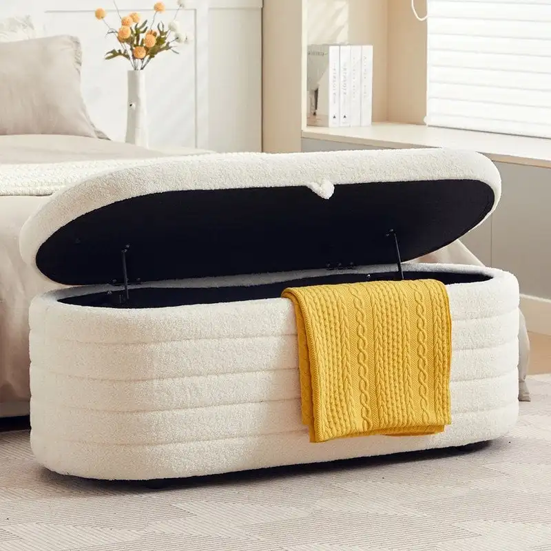 45 White Teddy Storage Ottoman Bench for Living Room Bedroom,Oval Sherpa Storage Bench Ottoman Foot Rest Anti-slip Legs