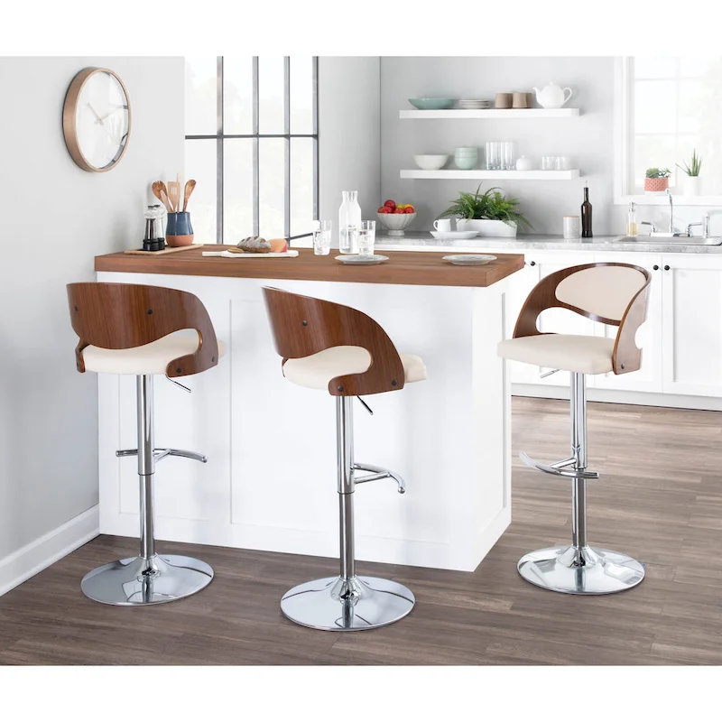 Adjustable Swivel Bar Stool, Brown/Cream/Grey, Mid-Century Modern, Single