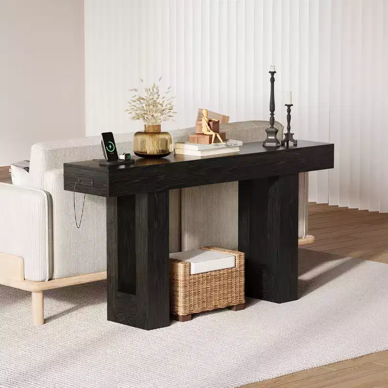 63 Inch Console Table with Power Outlet, Extra Long Sofa Table with USB & Type c Ports, Narrow Entryway Table for Hallway,Foyer Table for Living Room