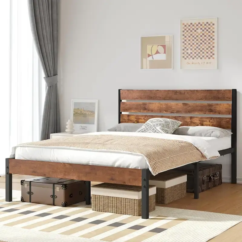 Brown/Slate/Black Platform Bed Frame with Wood Headboard – Twin/Full/Queen, 1-2 Person