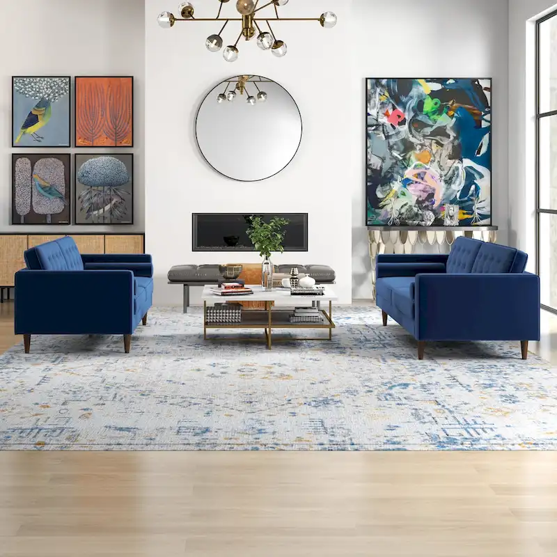 Kenzo Mid Century Pillow Back Velvet Sofa and Loveseat Set