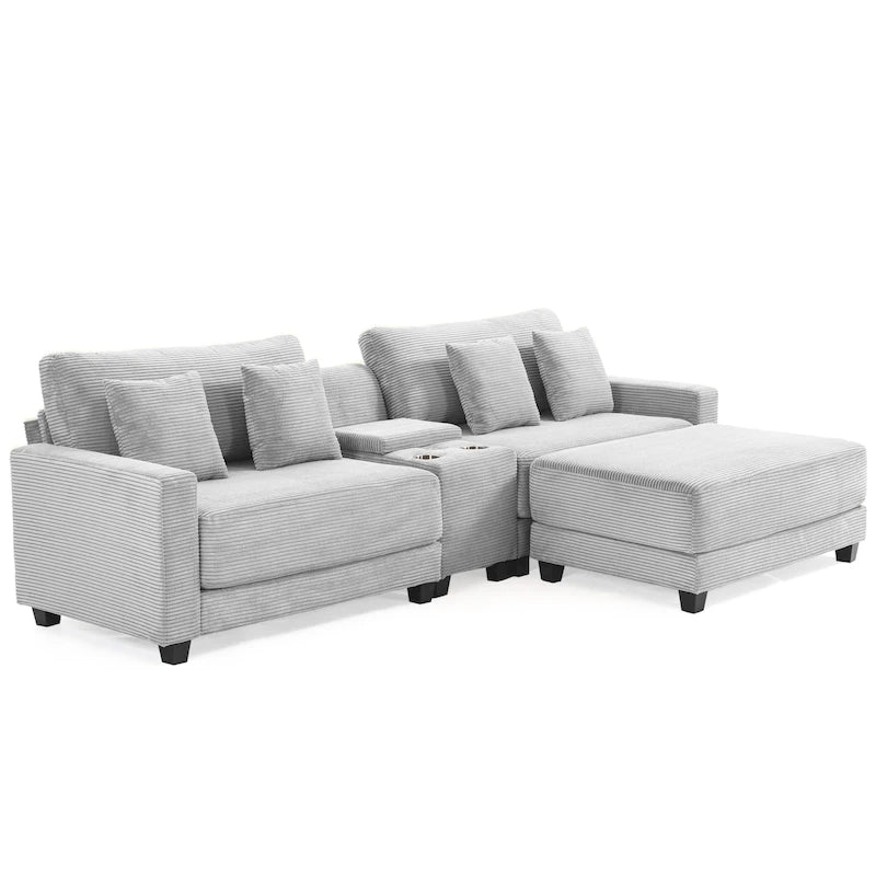 Oversized Corduroy Upholstered Sofa with a Removable Ottoman & 4 Pillows