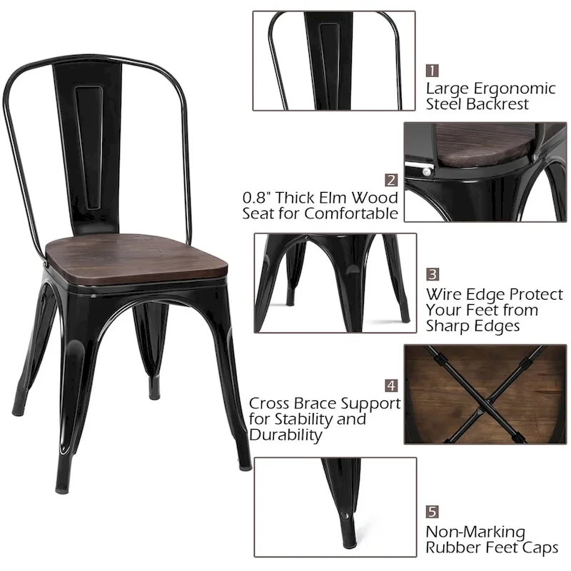 Stackable Bistro Cafe Dining Chair with Metal Frame and Wood Seat