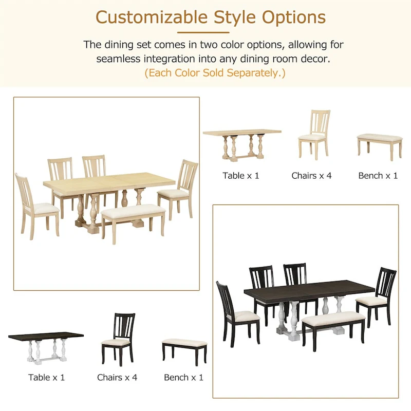 Traditional 6-Piece 78inch Trestle Extendable Dining Table Set