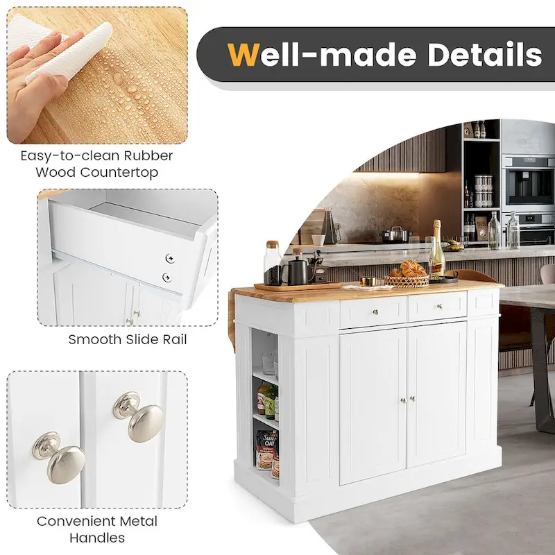 Gymax Large Kitchen Island Drop Leaf Breakfast Bar w/ Wood Top Shelves