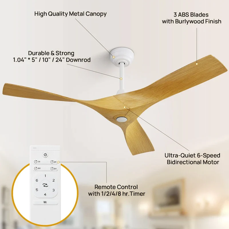 52 inch Modern Ceiling Fan without Lights, 3 Blades,Remote Control,Reversible Airflow - 52 inch