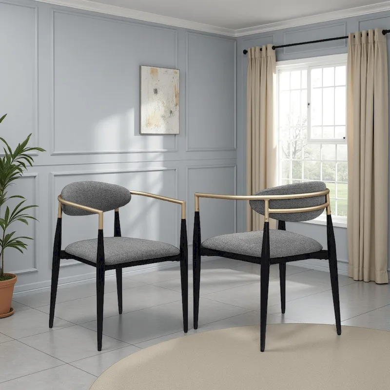 Exis Dining Armchair Set of 2, Modern Gray Fabric, Sleek Black Metal
