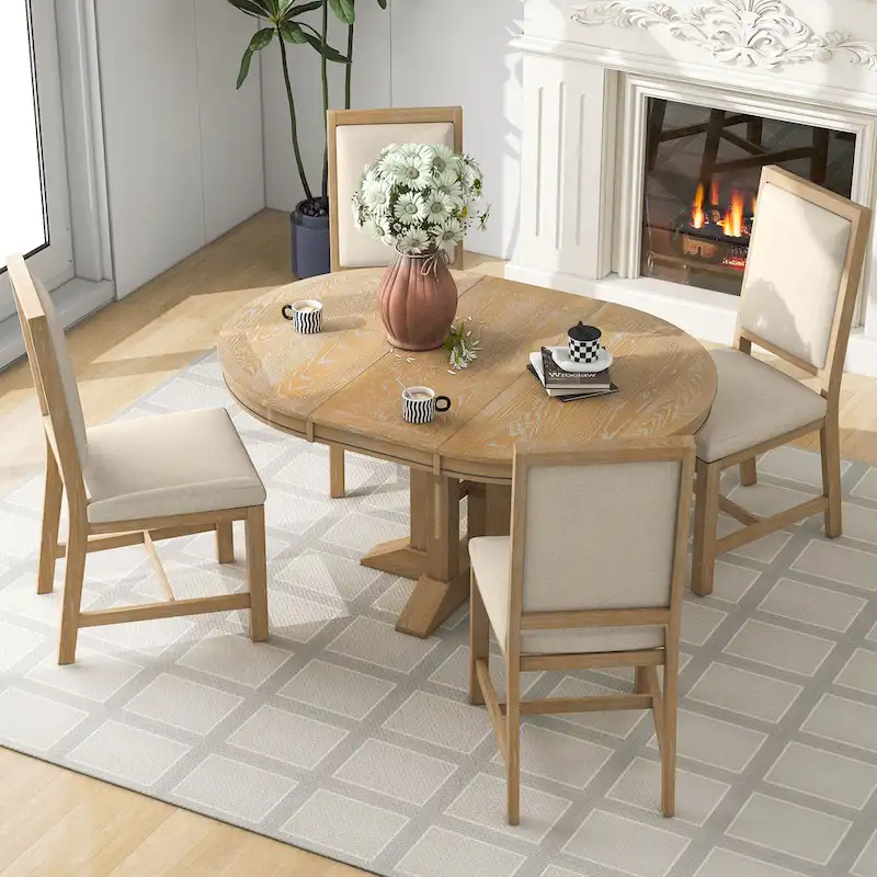 5 Pcs Wood Kitchen Furniture Set, Extendable Round Dining Table Set with Removable Leaf and 4 Upholstered Chairs