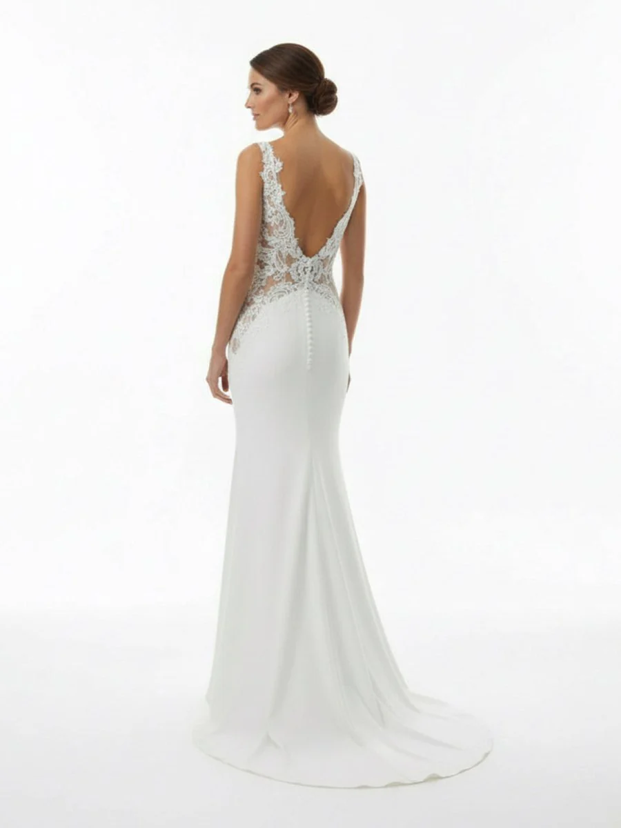 White Long Mermaid Boho Wedding Dress with Appliqued