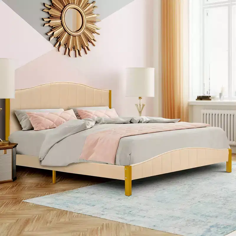 Costway Full\Queen Size Upholstered Bed Frame Mattress Foundation Platform Quilted Headboard