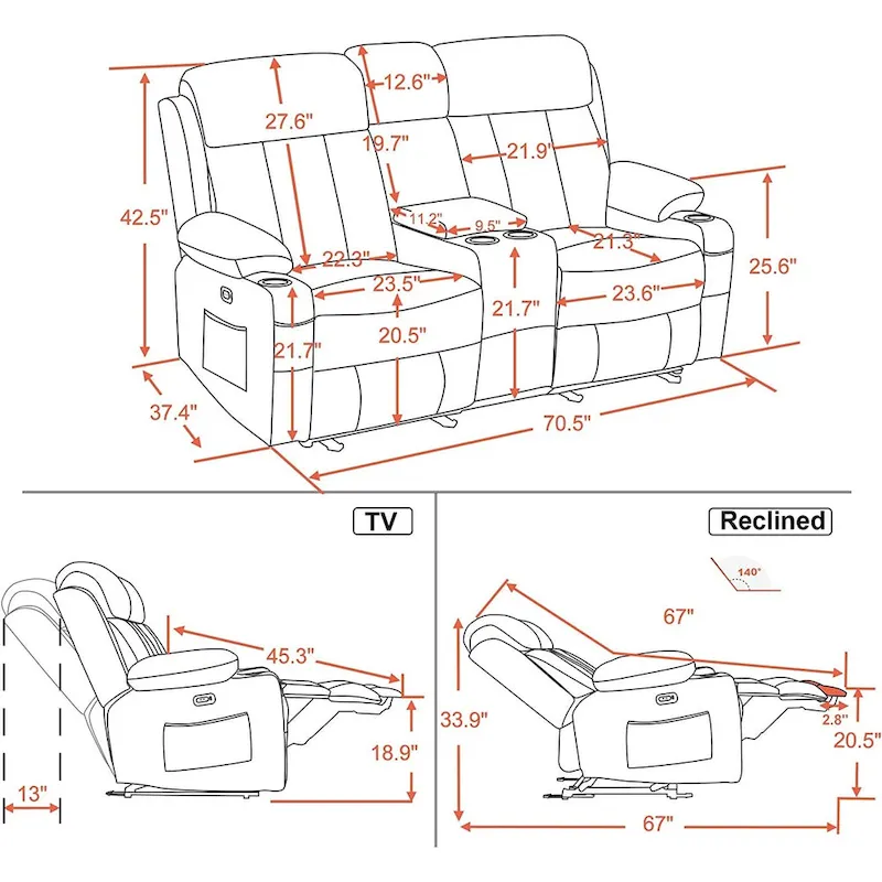 MCombo Electric Power Reclining Sofa with Heat & Massage, Faux Leather 6095/6075/6077
