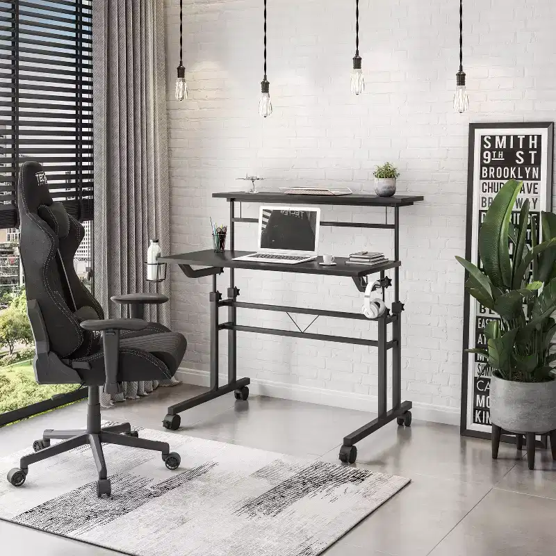 TUYOHW Rolling Writing Desk,Study Desk with Height Adjustable Desktop,Movable Shelf,Locking Wheels,Cup Holder,Headphone Holder,Desk for Office