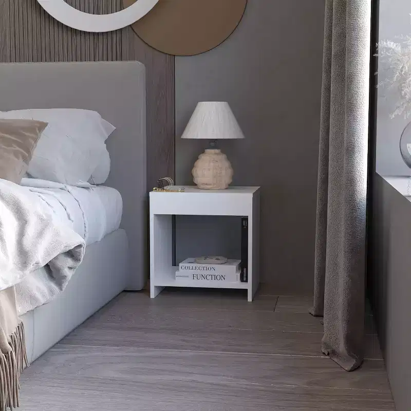 This Anegam Nightstand with Open Storage, White combines contemporary style with smart storage solutions, creating a space saving furniture.