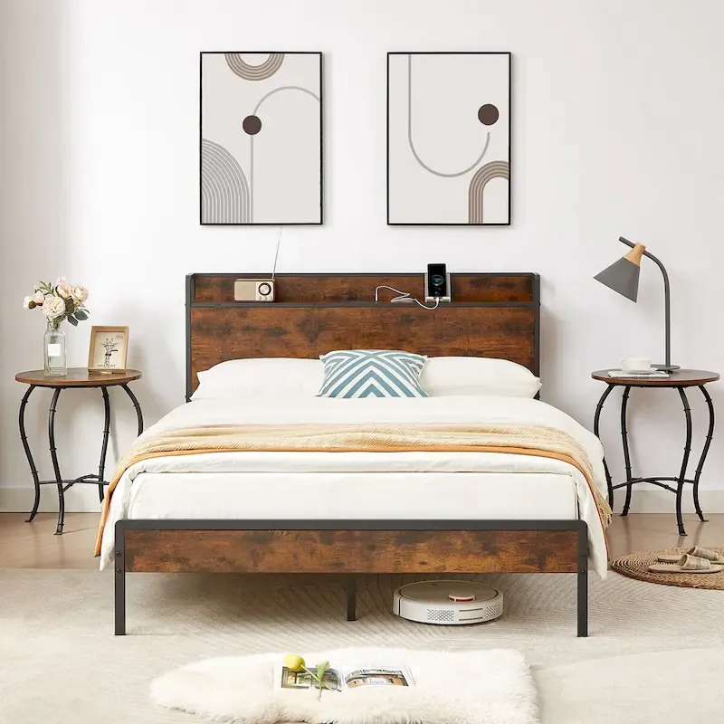 Full Size Bed Frame with Charging Station,Particle Board,Rustic Brown