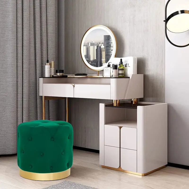 Adeco Round Velvet Ottoman Vanity Footrest Stool Gold Plating Base