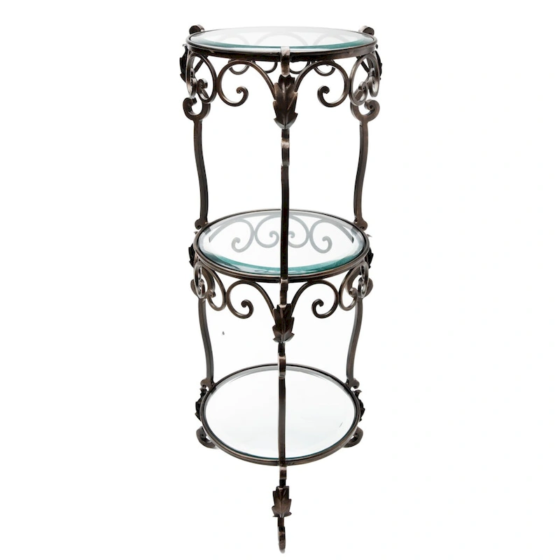 3 Tier Bronze Iron Acanthus Leaf Table with Beveled Glass - 12.5x12.5x34