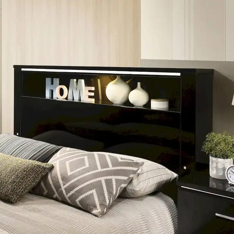 Furniture of America Lofa Modern Black Wood Panel Bed with LED