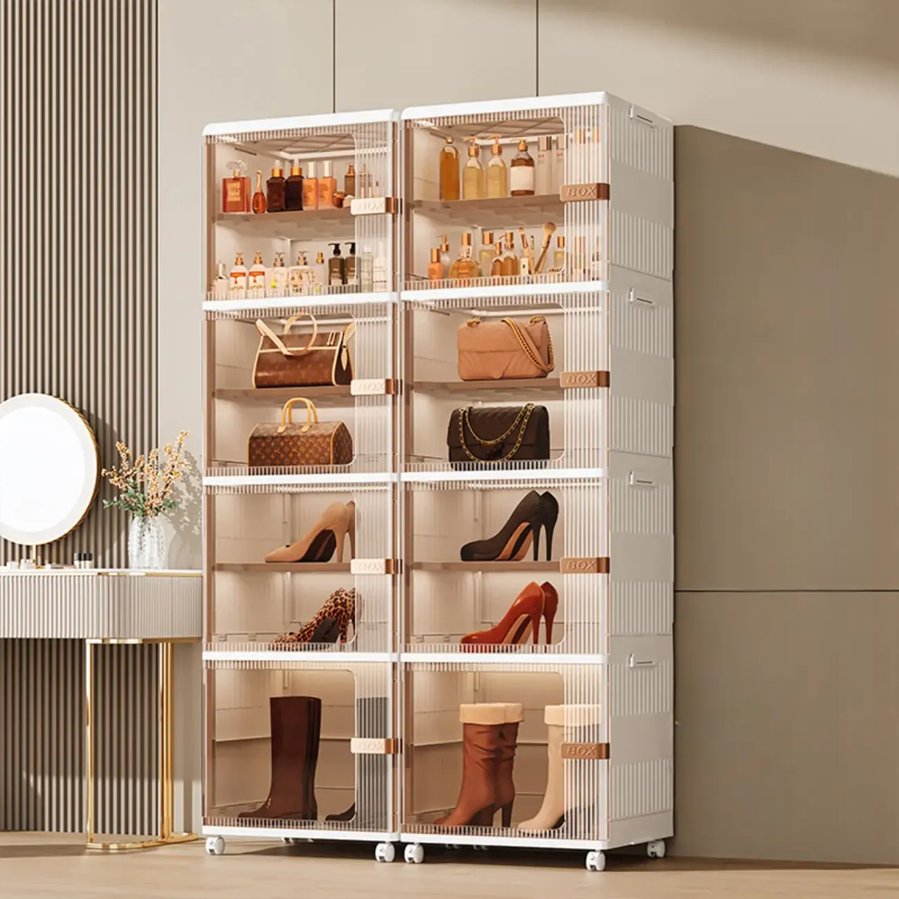 Glam White Plastic Adjustable Shoe Cabinet on Wheels