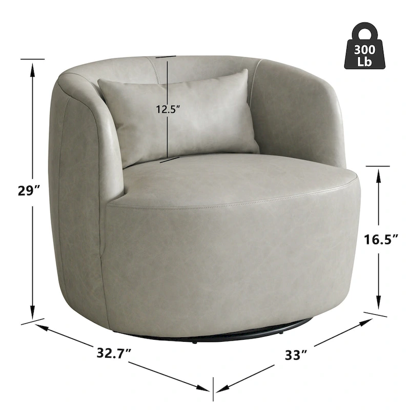 KINWELL Modern Top Grain Genuine Leather Swivel Armchair with Pillow