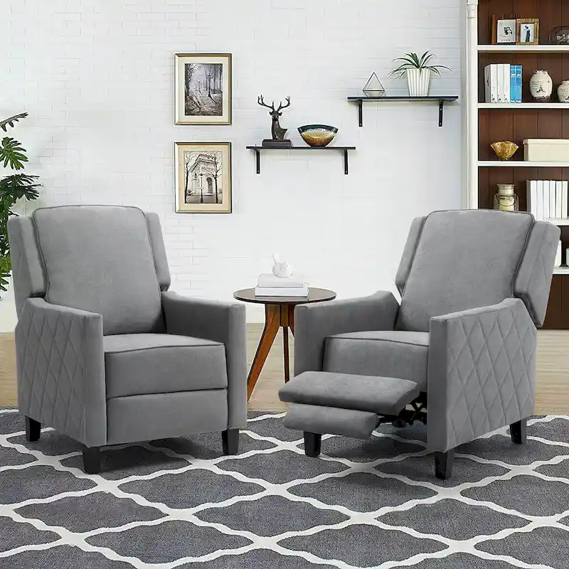 Set of 2 Push Back Recliner Chair Linen Wing Back Chair
