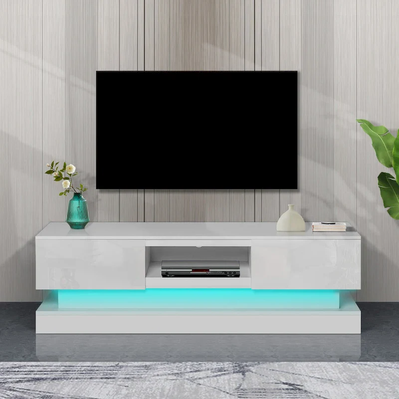 White Modern TV Stand with RGB LED Lights & 2 Drawers, Fits up to 65