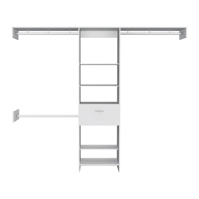 FM Furniture Cross Closet System with Drawer, 3 Metal Rods, and 5 Open Shelves