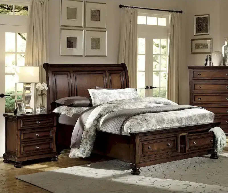 Brown Cherry Finish 3pc Bedroom Set Platform Storage Bed and Two Nightstands