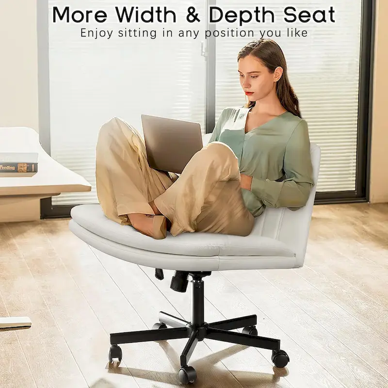 Cross Chair with Wheels,PU Leather Armless Cross Legged Office chair, Adjustable Wide Seat Task Vanity Chair