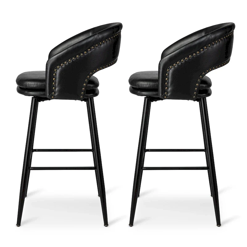 Mid-Century Modern Faux Leather Bar Stool with Nailhead Trim & Metal Legs – Black / Brown