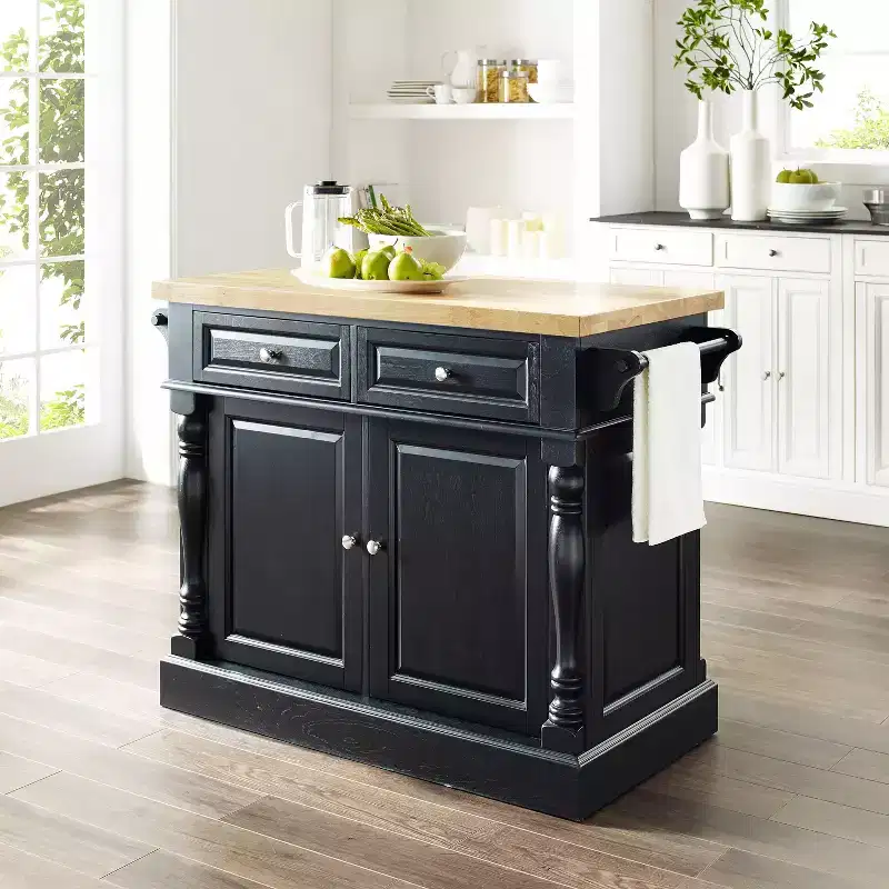 Oxford Butcher Block Kitchen Island Black - Crosley: Traditional MDF Frame, Wood Surface, 2 Doors, 4 Drawers, 4 Shelves