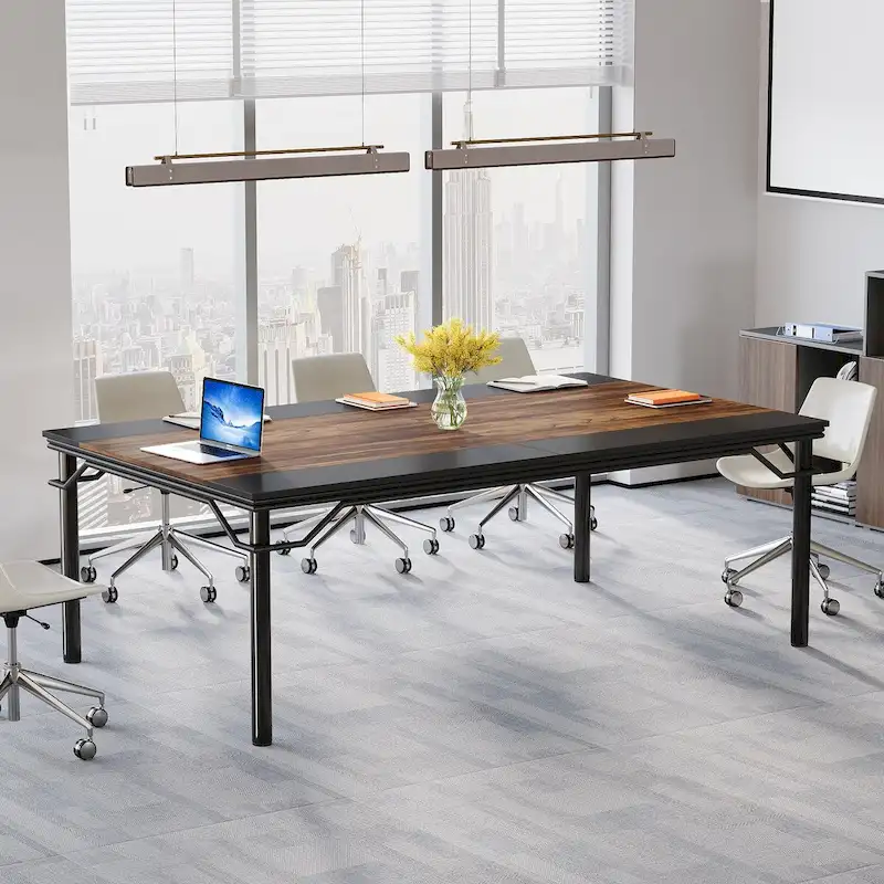 Rustic Brown & Black Industrial Splice-Top Conference Table with Steel Frame, 6-8 Person