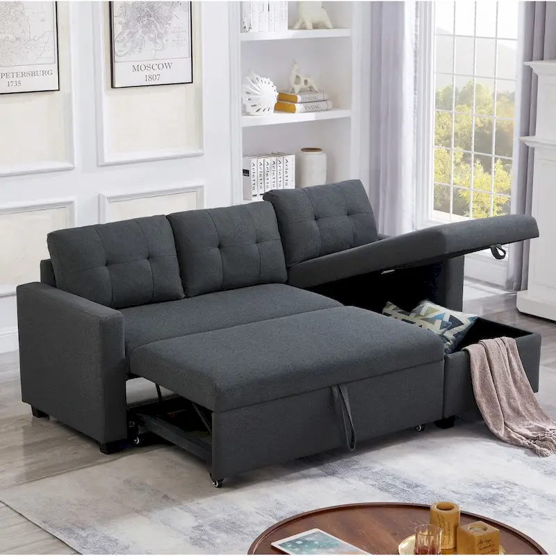 L-shaped convertible sofa bed with 3 movable comfortable back cushions