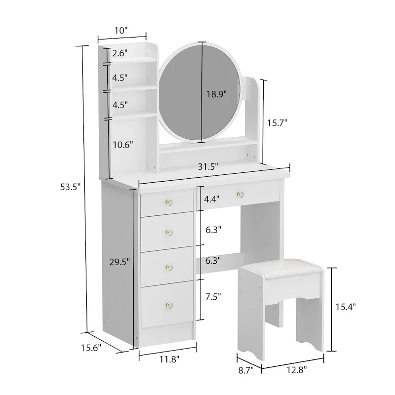 Makeup Vanity Set Dresser w/Mirror Stool 5 Drawers - White/Pink/Black - 31.5L x 15.7W x 52H