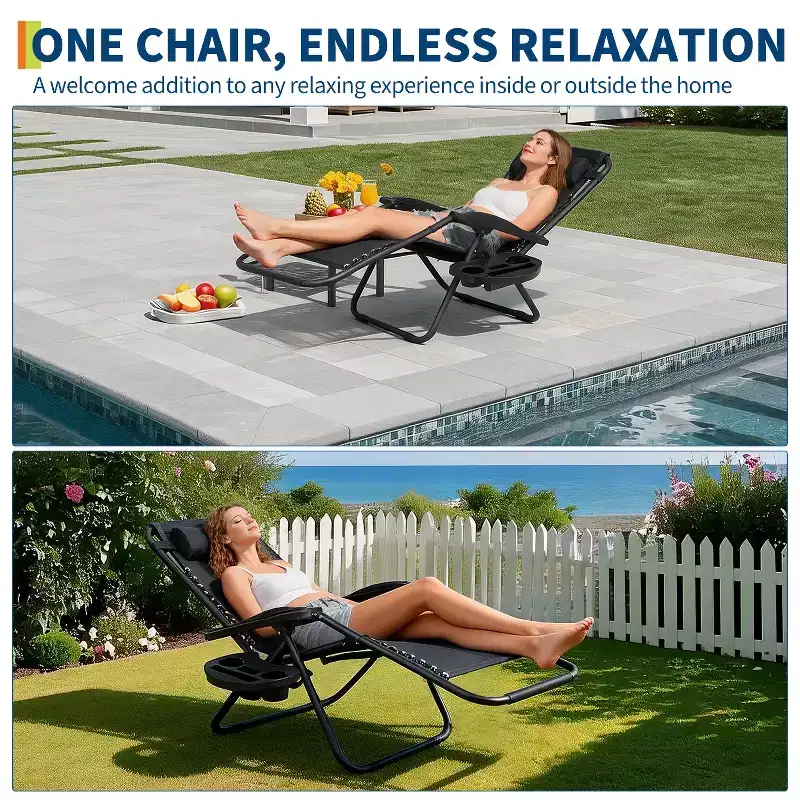 Patio Lounge Chairs Set of 2 with Side Tray & Headrest, Heavy Duty Steel Folding Outdoor Recliner, Adjustable Portable Camping Lawn Chairs for Yard