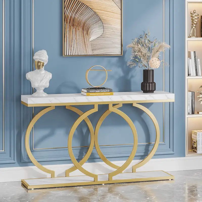 Gold Console Table, 55 inch Faux Marble Entryway Table Narrow Long Sofa Table