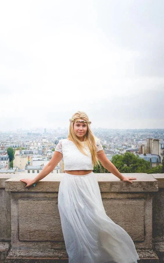 Two Piece Bateau Ankle-Length Chiffon Wedding Dress With Split Front And Pleats