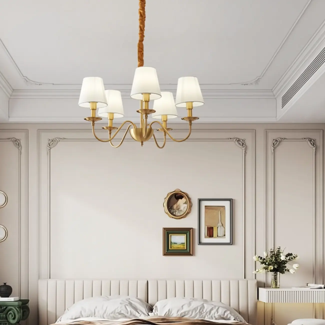 Elegant White Fabric Shade Classic Gold Chandelier